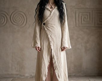 Witchy Hooded Wrap Dress, Pagan Ritual Dress, Natural Linen Witch Gown, Boho Priestess Dress, Dark Cottagecore Maxi Dress