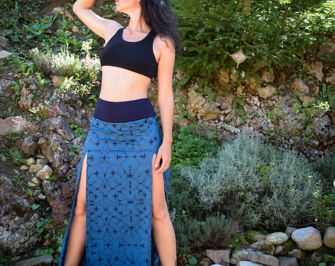 Handmade Organic Cotton Maxi Skirt: Sacred Geometry Print, Double Slit