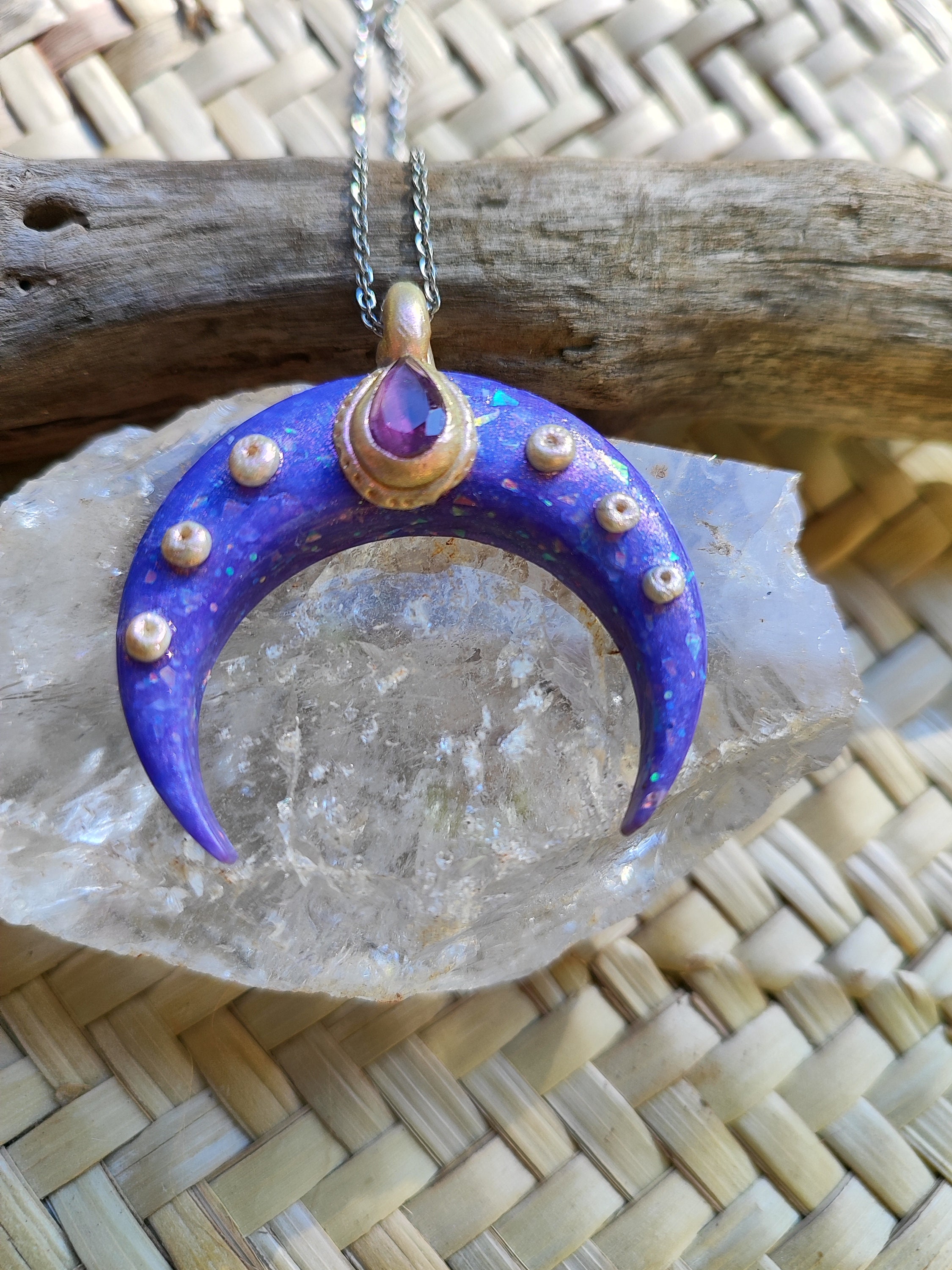 Amethyst purple moon pendant, handmade in polymer clay with opal purple effects image 6