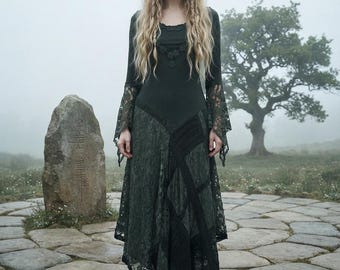 Celtic Green Long Sleeve Dress, Cottagecore Dress, Fairy Elf Renaissance Gown, Patchwork Midi Dress, Alternative Boho Clothing