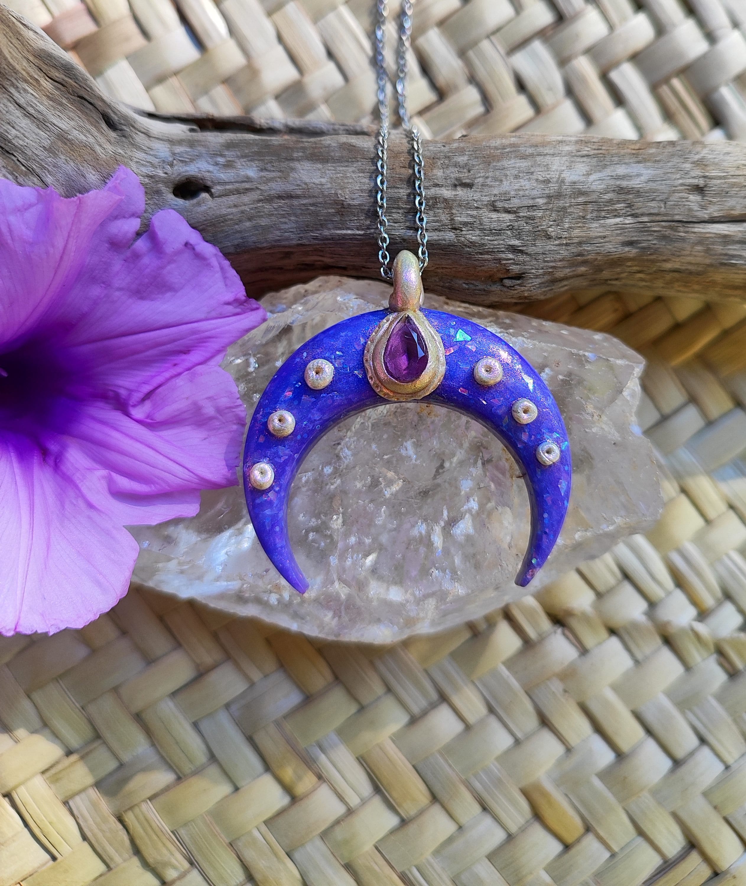 Amethyst purple moon pendant, handmade in polymer clay with opal purple effects image 4