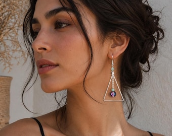 Geometric Triangle Earrings, Silver Dangle Earrings, Minimalist Art Deco Jewelry, Handmade Statement Earrings, Gift for Her