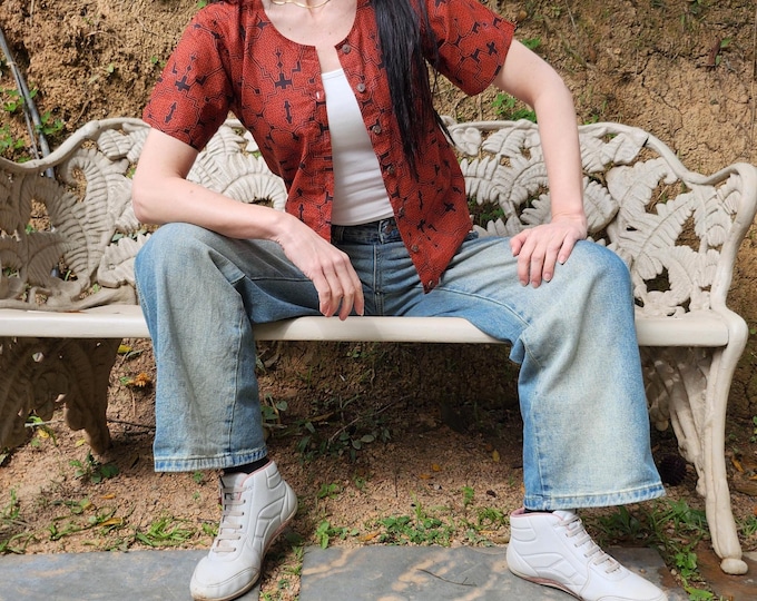 Shipibo Red Cotton Shirt: women's Sacred Geometry Visionary Art