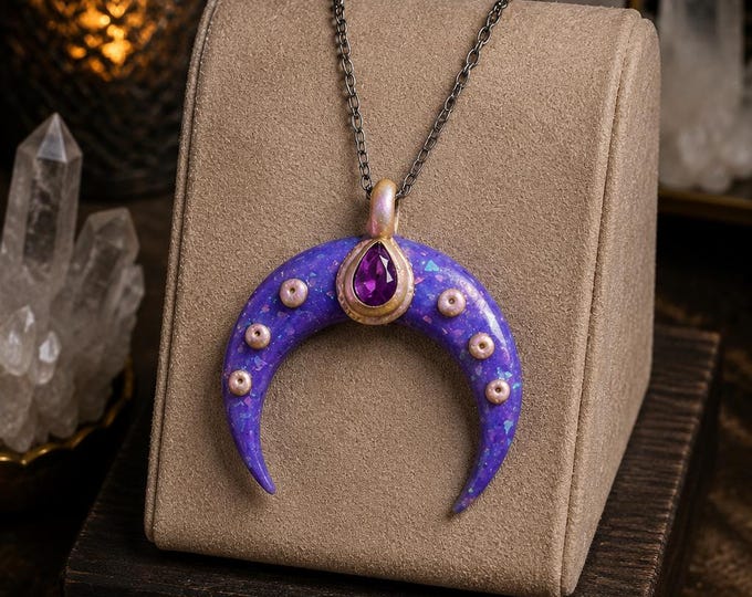 Amethyst purple moon pendant, handmade in polymer clay with opal purple effects