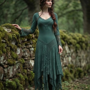 Green Fairy Dress, Boho Handkerchief Hem Midi Dress, Witchy Cottagecore Lace Pixie Outfit
