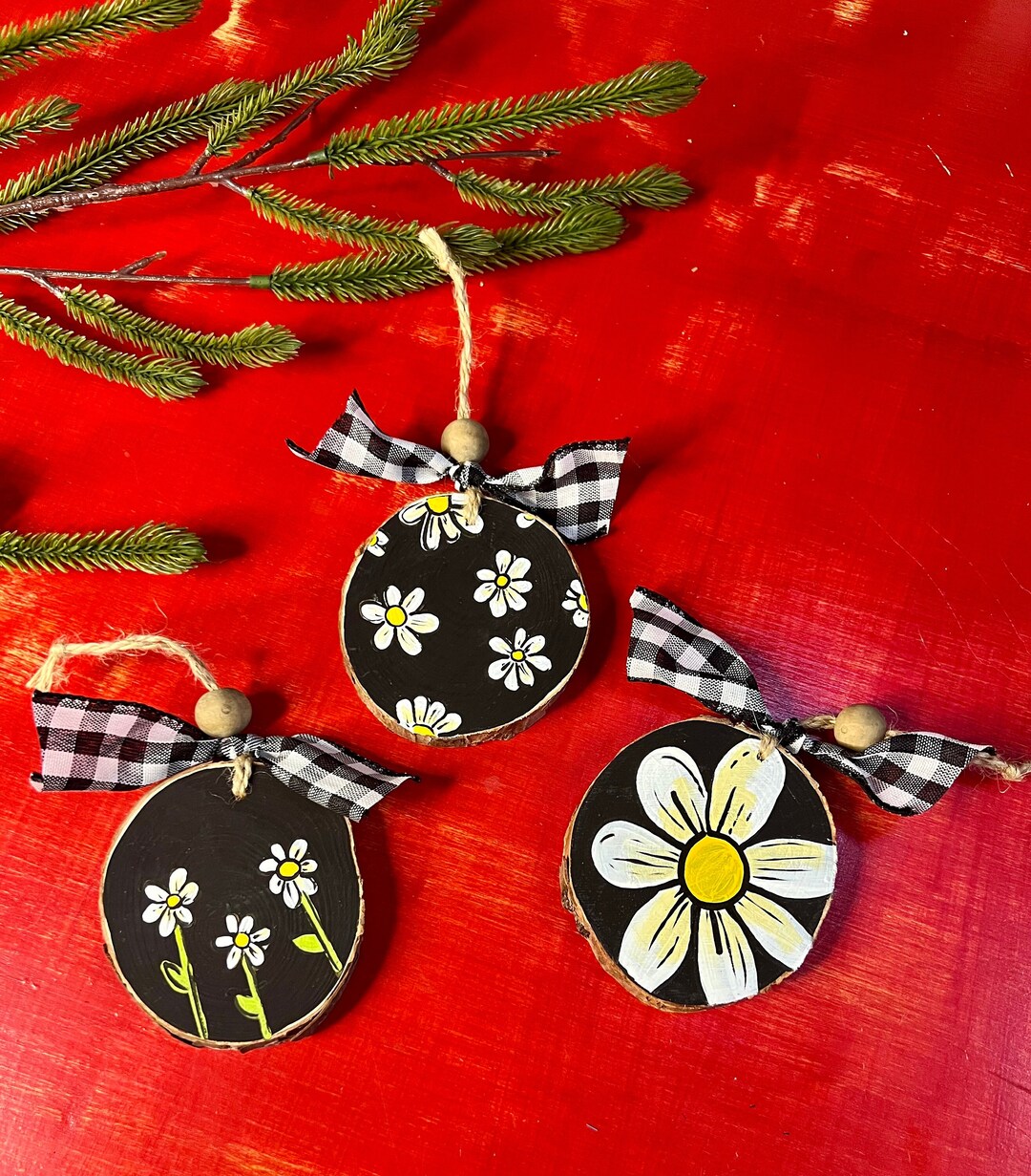 Daisy Wood Painted Ornaments. Etsy