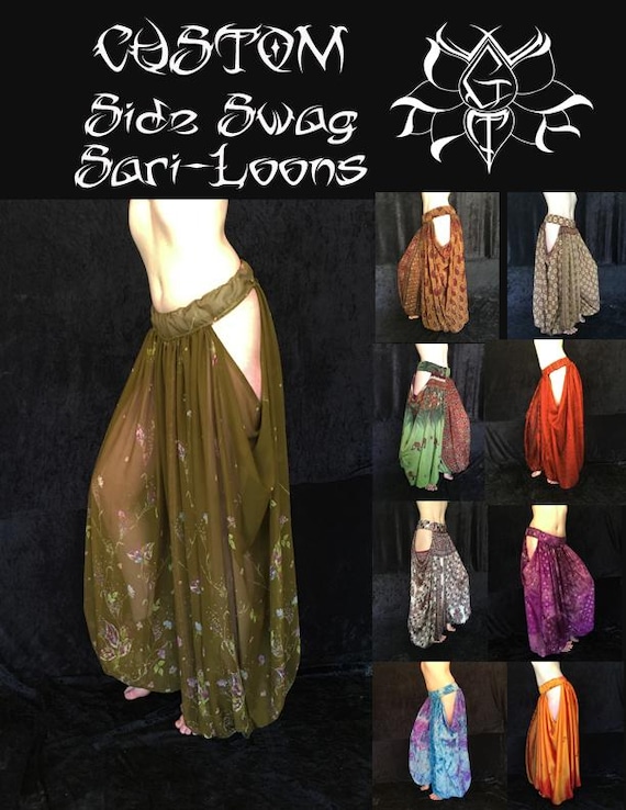Custom fit Side Swag Sari-Loons, open hip pantaloons, drop hip pantaloons, belly dance pantaloons, cut out pantaloons, harem pants