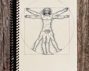 May include: A black and white line drawing of a nude figure in a circle and square, reminiscent of Leonardo da Vinci's Vitruvian Man.