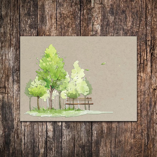 Trees in Park Notecards Set of 10 - 5.5 x 4.25 Note Cards - Watercolor Trees- Scenic Stationary - Stationary for Her