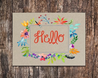 Hello Notecards Set of 10 - 5.5 x 4.25 Note Cards - Watercolor Flowers - Greeting Notecards - Hello Cards