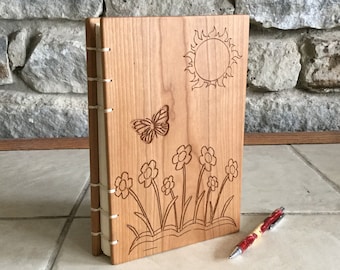 Engraved Cherry Wood Journal: Personalized Coptic Stitch Notebook