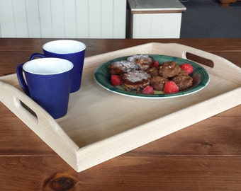 Handcrafted Oak Serving Tray: Unfinished Breakfast Tray with Handles