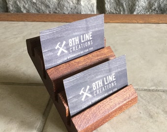 Sapele Wood Business Card Holder: Mahogany Finish, 4-Card Display