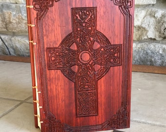 Engraved Padauk Wooden Journal: Celtic Cross Coptic Stitch Notebook