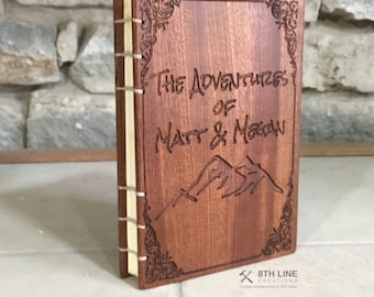 Engraved Mahogany Wooden Journal: Coptic Stitch Diary