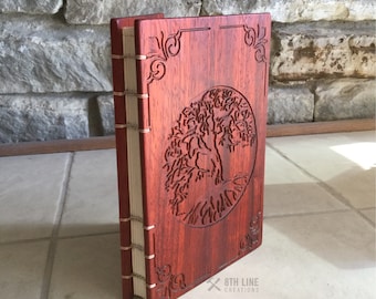 Personalized Padauk Wood Journal: Engraved Tree of Life, Coptic Stitch