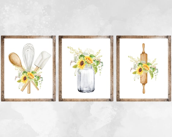 Sunflower Kitchen Prints, Sunflower Wall Art, Boho Sunflower Bouquets on Wooden Rolling Pin, Kitchen Utensils, Mason Jar, Yellow Kitchen Art