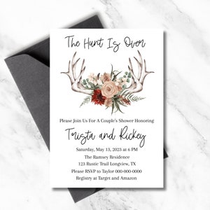 The Hunt Is Over Invitation, Rust Wedding, Rustic Boho Terracotta Floral Antler Invitation, Couple's Wedding Shower Invite, Engagement Party