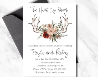 The Hunt Is Over Invitation, Rust Wedding, Rustic Boho Terracotta Floral Antler Invitation, Couple's Wedding Shower Invite, Engagement Party