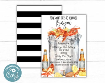 May include: A watercolor illustration of a crawfish boil with crawfish, corn, lemons, and potatoes in a pot. The illustration is on a white background with black and white stripes in the background. The text reads "How sweet it is to be loved Bayou" and "Please join us for crawfish and brews before the I do's honoring Rickey and Torusta Saturday, March 11, 2023 at 5pm The Ramsey's Backyard 123 Mudbug Dr. Longview, TX 75604 Please RSVP to Trista 000-000-0000".