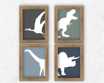 Dino Poster Für Kleinkind JungenZimmer, Blau Grün Grau Navy Dinosaurier Drucke, Dinosaurier Kinderzimmer, 4er Set, druckbare Wandkunst, Dinosaurier Dekor