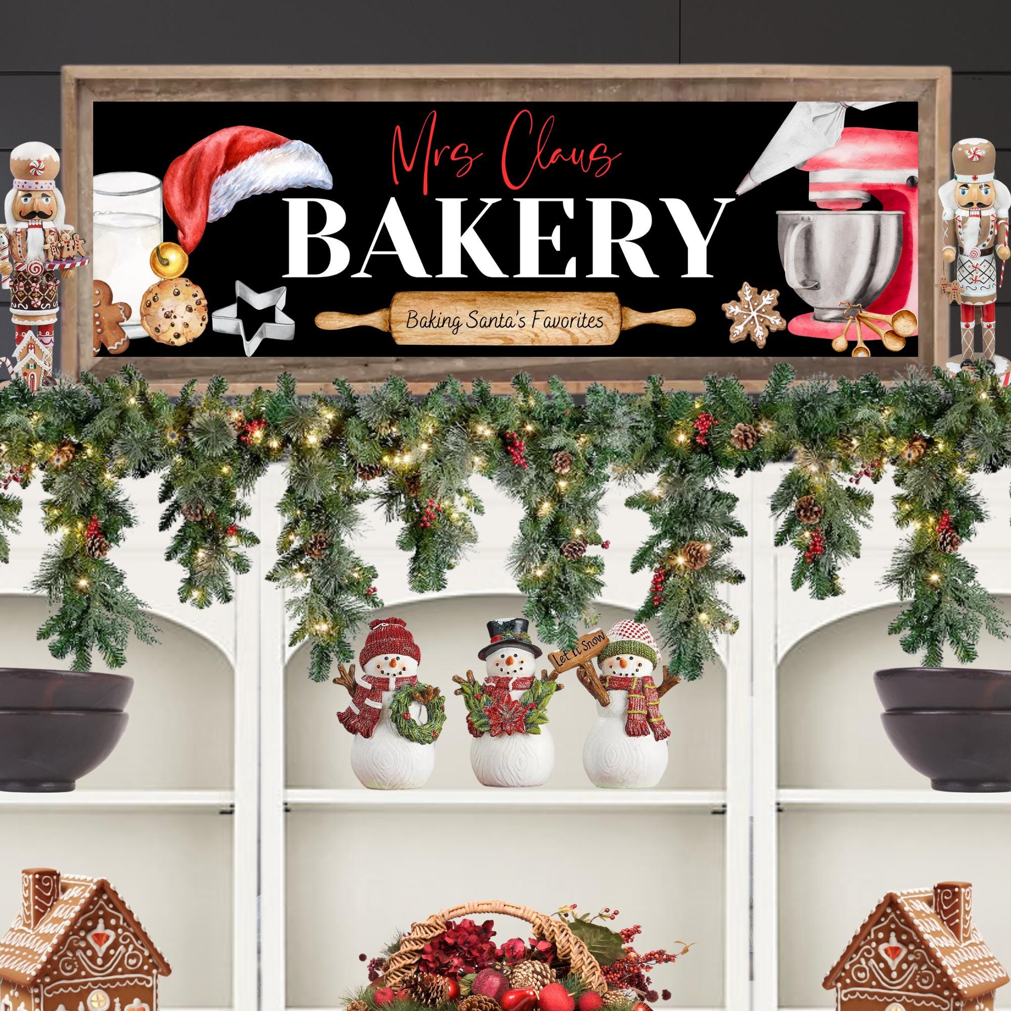 Mrs Claus Bakery Sign, Christmas Kitchen Print, Gingerbread Bakery