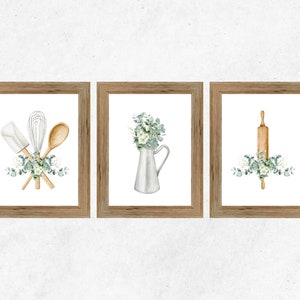 Kitchen Herb Prints, Watercolor Eucalyptus Wall Art, Farmhouse Kitchen Digital Downloads, Set of 3 Kitchen Prints, Rolling Pin, Utensils