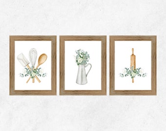 Kitchen Herb Prints, Watercolor Eucalyptus Wall Art, Farmhouse Kitchen Digital Downloads, Set of 3 Kitchen Prints, Rolling Pin, Utensils