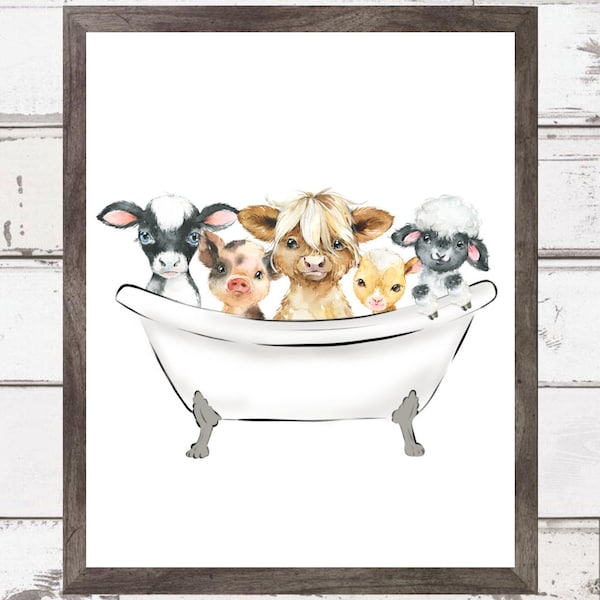 Farm Animals in Bathtub, Barnyard Animals in Bath, Kids Bathroom Wall Art, Watercolor Farm Animals, Highland Cow, Cow, Sheep, Pig, Goat,