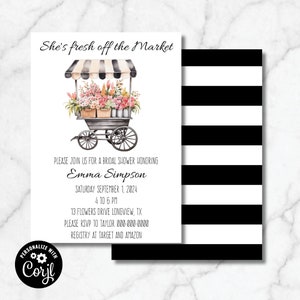 Sie ist frisch vom Markt Brautparty-Einladung, Blumenwagen, Bauernmarkt-Dusche, Hochzeitsparty-Einladung, Schwarzweiß, Garten