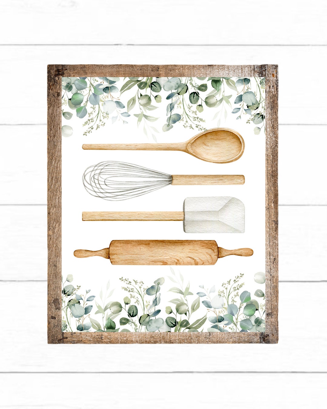 Kitchen Botanical Print, Kitchen Utensils and Rolling Pin With