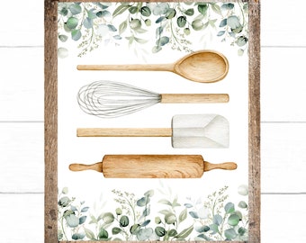 Kitchen Botanical Print, Kitchen Utensils and Rolling Pin with Eucalyptus border, Farmhouse Kitchen Prints, Rustic Kitchen Wall Decor,