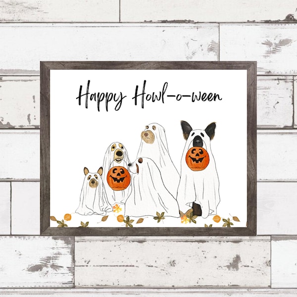 Halloween Geisterhunde Druck, Hundekostüm, HowlOWeen, Herbst Dekor, Herbst druckbare, Halloween druckbare, Herbst Hund Kunst, Aquarell druckbare, Kunst