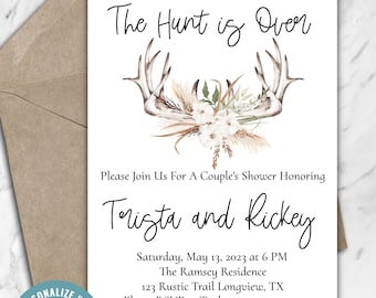 The Hunt Is Over Invitation, Rustic Boho Style Antlers Invitation, Couple's Shower Invitation, Wedding Shower Invite, Editable Template