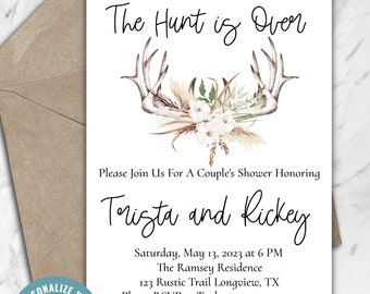 The Hunt Is Over Invitation, Rustic Boho Style Antlers Invitation, Couple's Shower Invitation, Wedding Shower Invite, Editable Template