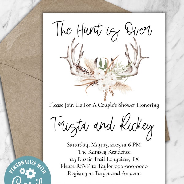 The Hunt Is Over Invitation, Rustic Boho Style Antlers Invitation, Couple's Shower Invitation, Wedding Shower Invite, Editable Template