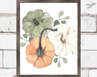 Pumpkin Printable Art, Watercolor Pumpkins, Orange, Green, White Pumpkin, Fall Print, Fall Decor, Farmhouse, Digital Print, Fall Sign,Prints