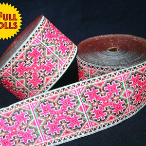 5cm • Full Roll (6 meters) • Pink Cross Square Pattern Hmong Traditional Trim Ribbon