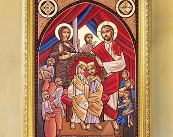 Holy family icon, Wedding in Cana Galilee, Coptic art, Painting, handmade, oil on canvas, Christian gift, wedding gift, custom painting, art