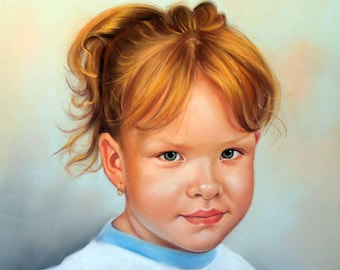 May include: A portrait painting of a young girl with red hair, wearing a white shirt with a colorful design on the front. She has a sweet expression on her face and is looking directly at the viewer.