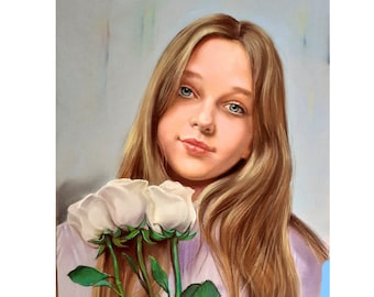 May include: A pastel painting of a young woman with long blonde hair, wearing a light purple shirt. She is holding a bouquet of white roses with green leaves.