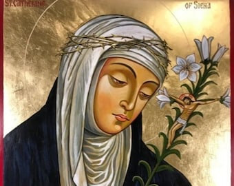 Icono de Santa Catalina de Siena, pintura, católico, icono pintado a mano, hecho a mano, óleo sobre lienzo, regalo cristiano, regalo católico, arte original