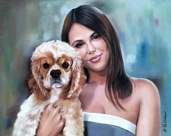 Custom woman painting, Oil Portrait, family painting, custom portrait, from photo, original painting, handmade art, for her, Girl and dog