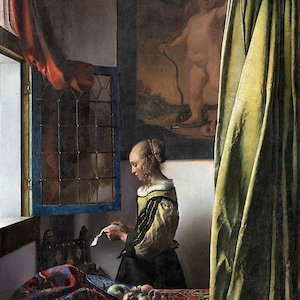 Reprodução de pintura, Vermeer, Menina lendo uma carta em uma janela aberta, Pintura personalizada, réplica de obra-prima, feita à mão, óleo sobre tela