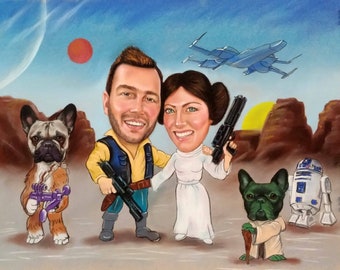 Star wars, Custom caricature, Caricature Gift, Hand Drawn, Personalised , from Photo, Hand Painted, Funny Drawing, pastel, family gift, R2D2