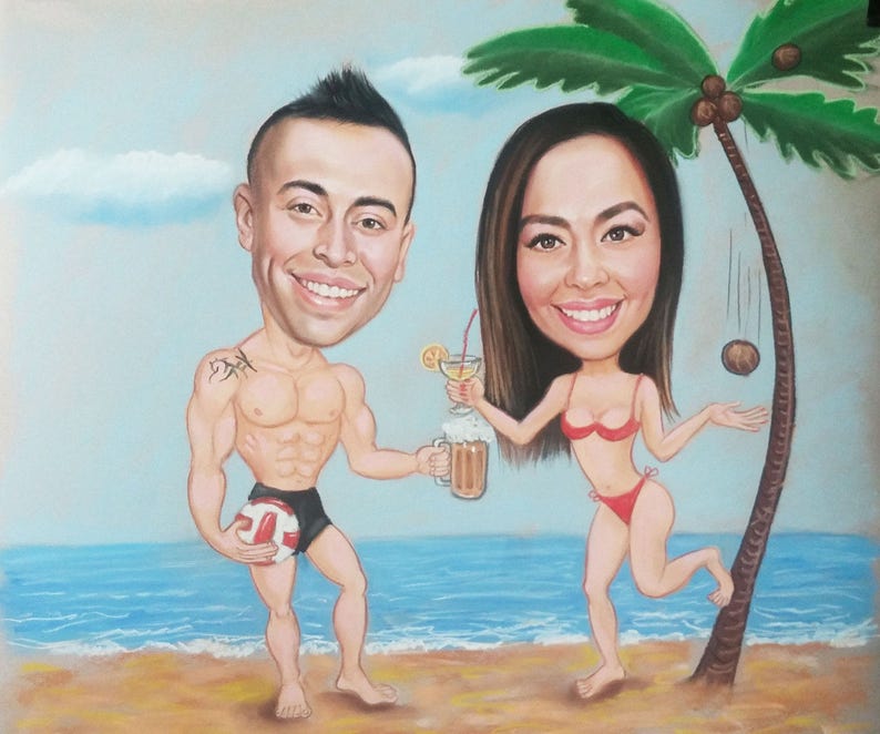 Puede incluir: Dibujo pastel de una pareja en la playa. El hombre sostiene una cerveza y un voleibol, vistiendo un ba&ntilde;ador negro. La mujer sostiene un c&oacute;ctel y lleva un bikini rojo. Una palmera y el oc&eacute;ano est&aacute;n en el fondo.