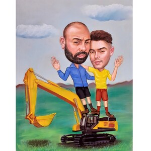 May include: A caricature painting of two men standing on a yellow toy excavator. The man on the left is wearing a blue shirt and the man on the right is wearing a yellow shirt and red shorts. The excavator is on a green grassy field with a blue sky and white clouds in the background.