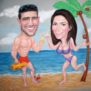 Puede incluir: Una pintura de caricatura de una pareja en una playa. El hombre es musculoso y lleva un ba&ntilde;ador rojo. La mujer lleva un top de bikini morado y una parte inferior de bikini azul. Ambos sostienen bebidas tropicales. Hay una palmera en el fondo.