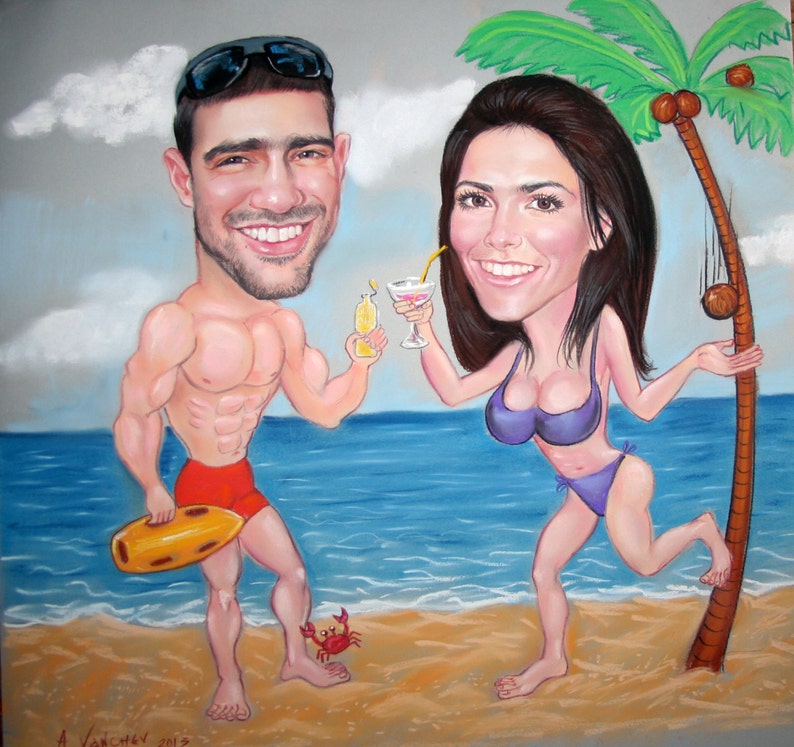Puede incluir: Una pintura de caricatura de una pareja en una playa. El hombre es musculoso y lleva un ba&ntilde;ador rojo. La mujer lleva un top de bikini morado y una parte inferior de bikini azul. Ambos sostienen bebidas tropicales. Hay una palmera en el fondo.