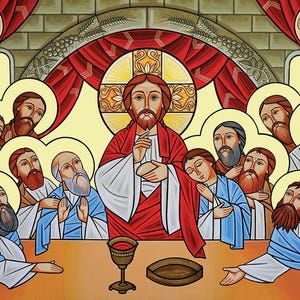 Icono pintado a medida, Jesucristo, Icono de la Última Cena, Pintura, pintado a mano, Icono ortodoxo, hecho a mano, óleo sobre lienzo, regalo cristiano, copto